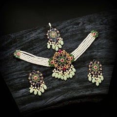 Pearl Zircon Choker Set (CS-01) Chikoo