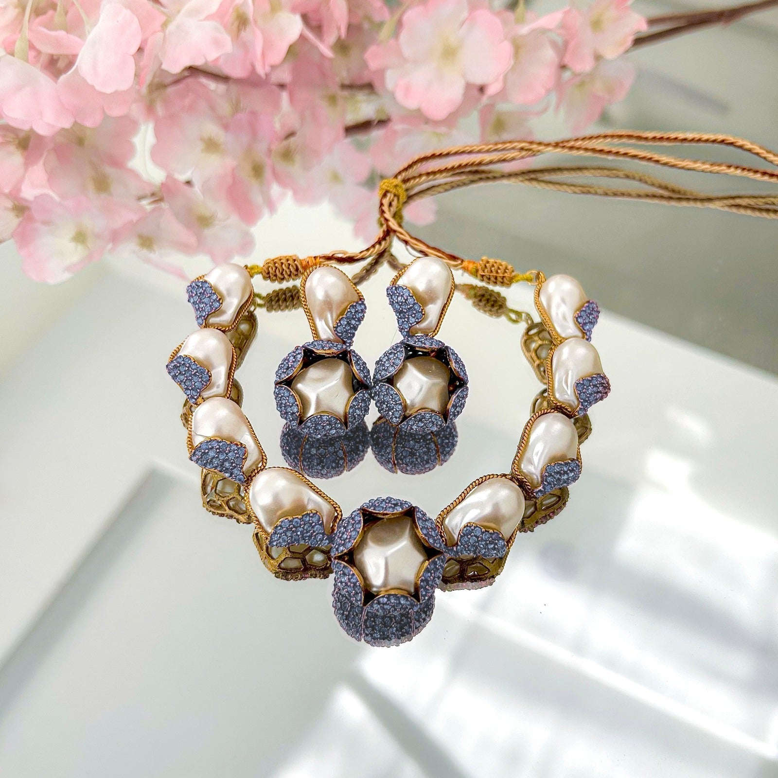 Moti e Phool Shine Pearl Necklace Set - S-50 Chikoo