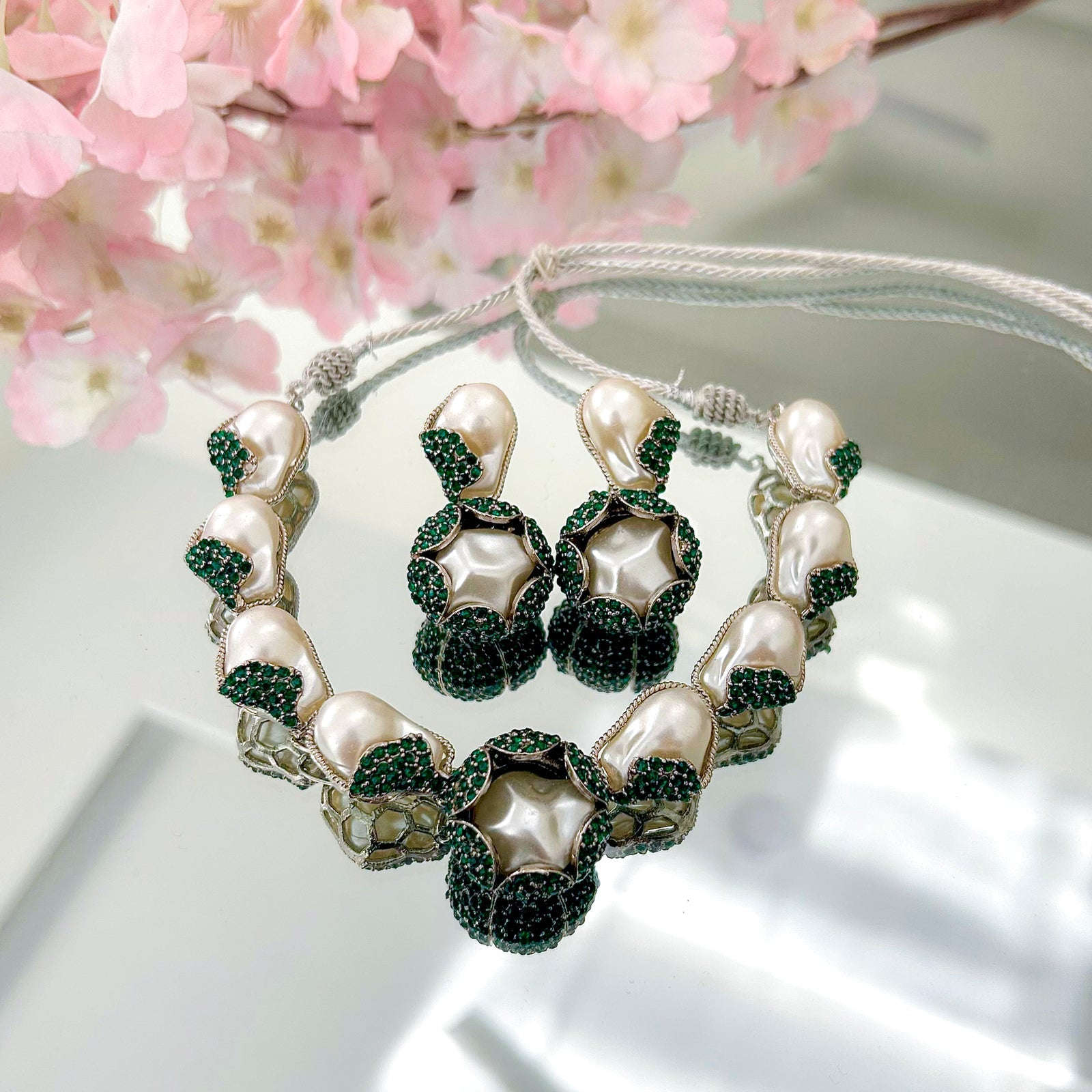 Moti e Phool Shine Pearl Necklace Set - S-50 Chikoo