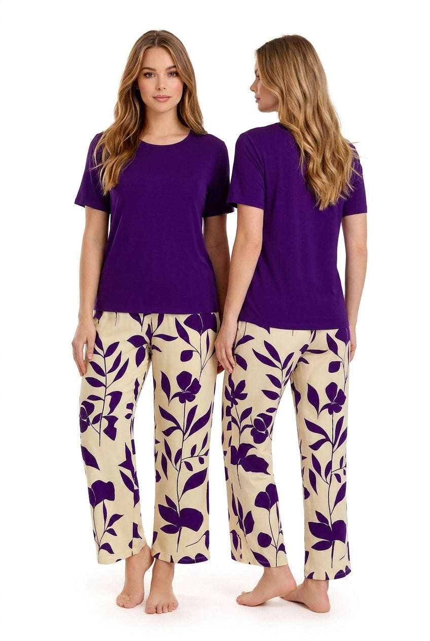 Women's Purple & Cream Botanical Floral Pyjama Set | Soft Cotton Nightwear 🌸 Chikoo