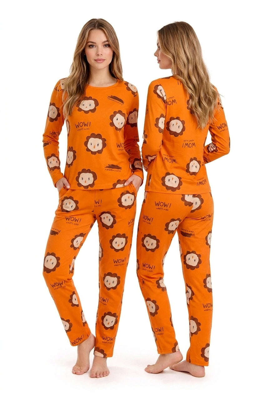 Women's Orange Lion Printed Full Sleeve Pyjama Set | Soft Cotton Nightwear 🦁 Chikoo