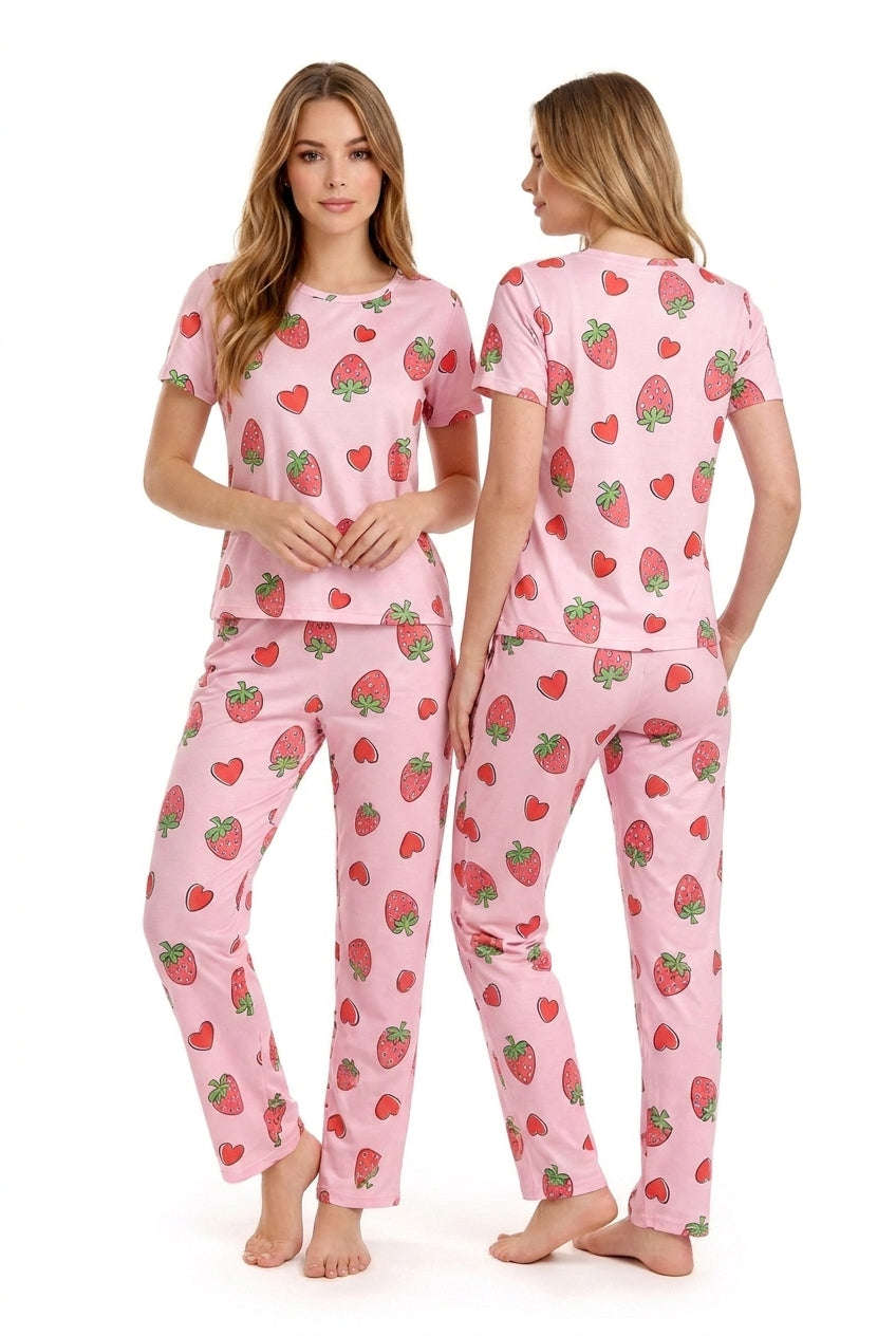 Women's Pink Strawberry & Hearts Printed Pyjama Set | Soft Cotton Nightwear 🍓❤️ Chikoo