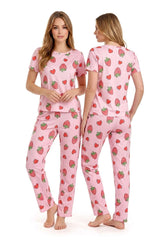 Women's Pink Strawberry & Hearts Printed Pyjama Set | Soft Cotton Nightwear 🍓❤️ Chikoo
