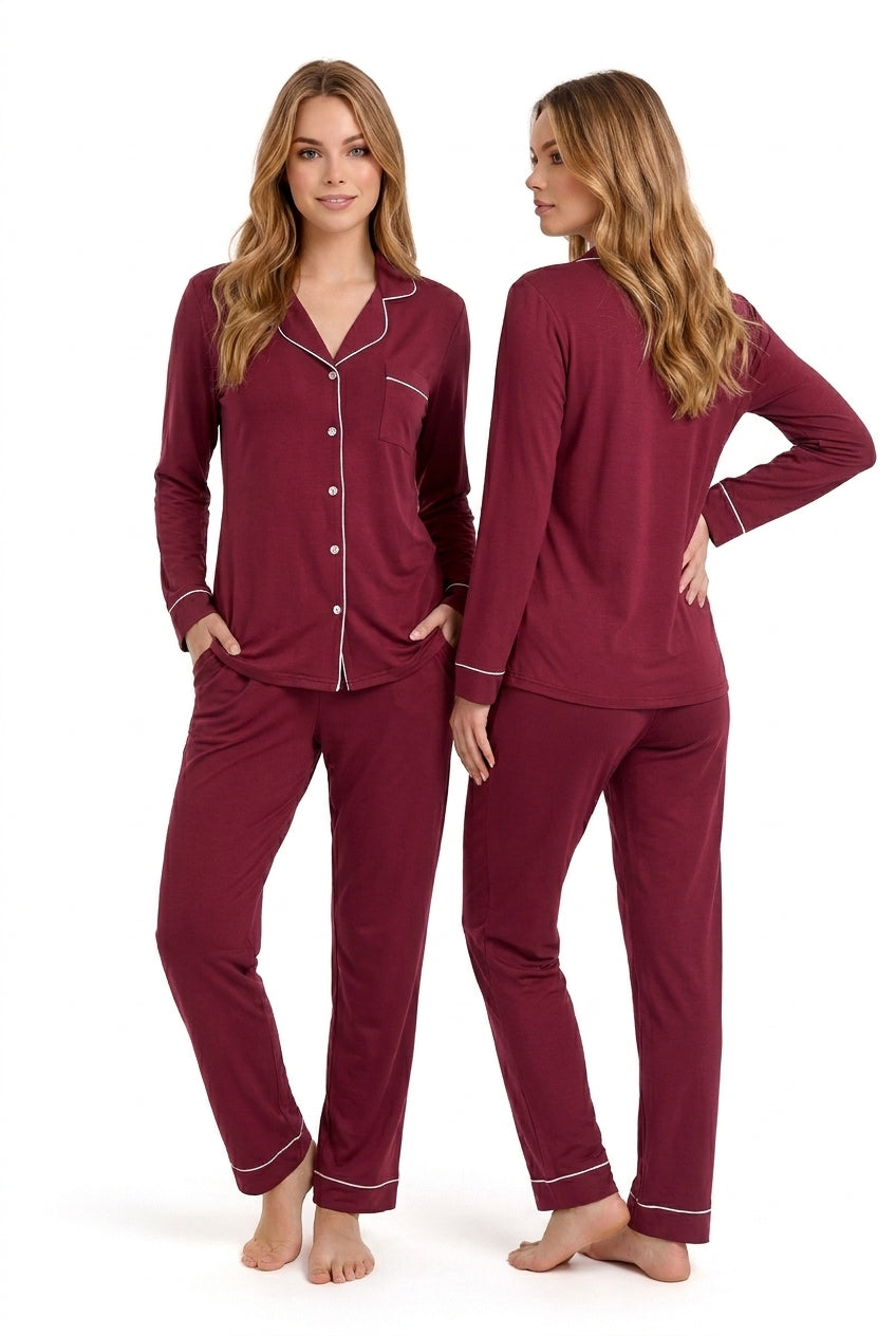 Women's "Midnight Merlot" Button-Down Lounge Set 🍷✨ (CNS-043)