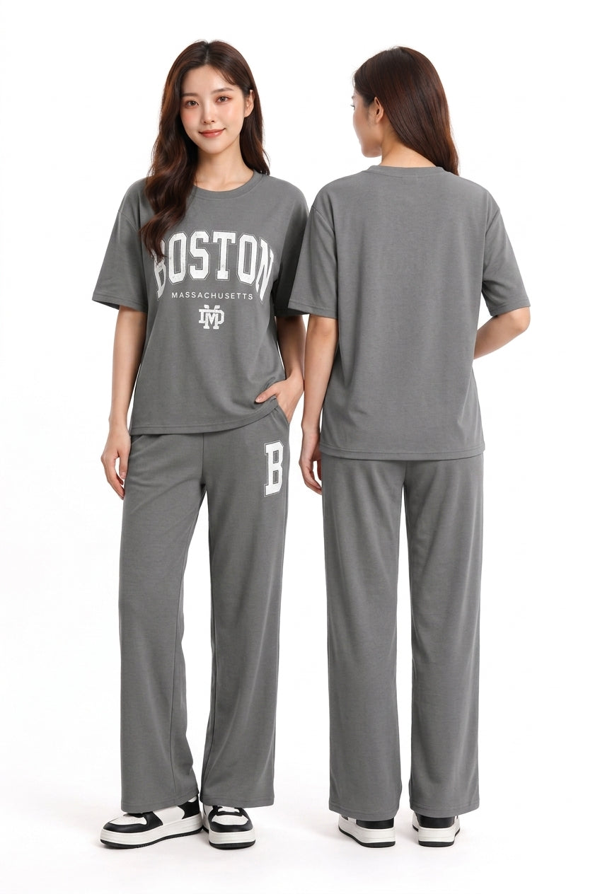 Women's Boston Minimal Logo Relaxed Pajama Set 🏙️✨ (CNS-013)