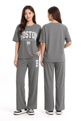 Women's Boston Minimal Logo Relaxed Pajama Set 🏙️✨ (CNS-013)