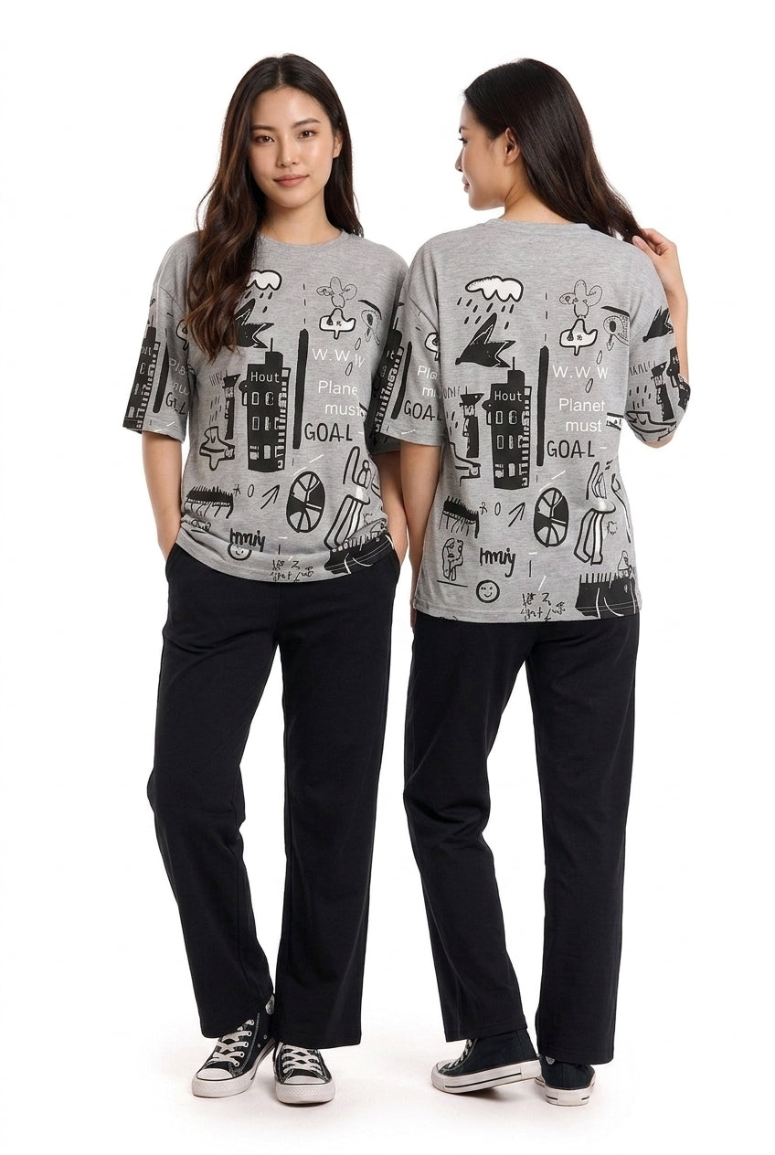Women Doodle Art Oversized PJs Set 🎨✨ (CNS-038)