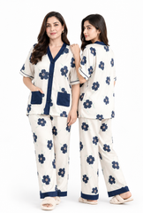Women's Indigo Blossom Pajama Set Timeless & Graceful 🤍💙 (CNS-082)