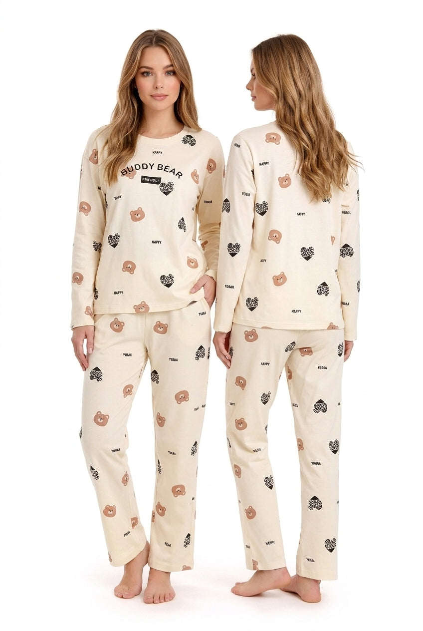 Women's Buddy Bear Printed Full Sleeve Pyjama Set | Soft Cotton Nightwear 🐻 Chikoo