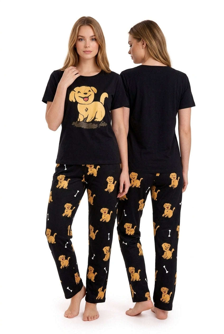 Women's Black Cute Puppy Printed Pyjama Set | Soft Cotton Nightwear 🐶 Chikoo