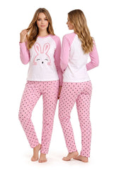 Women's Pink Bunny Printed Full Sleeve Pyjama Set | Soft Cotton Nightwear 🐰 Chikoo