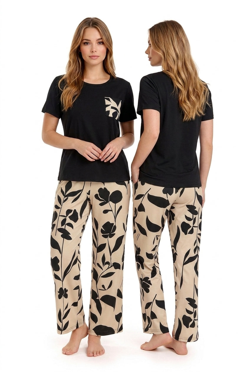 Women's Black & Beige Botanical Floral Pyjama Set | Soft Cotton Nightwear 🌿 (CNS-031)