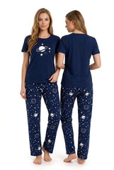 Women's Navy Blue Galaxy Printed Pyjama Set | Soft Cotton Nightwear 🌙⭐ Chikoo
