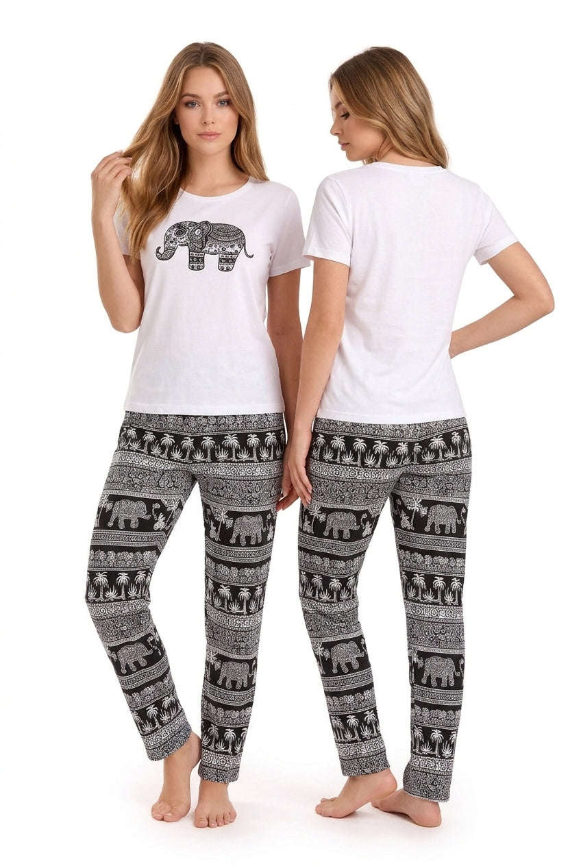 Women's White Elephant Printed Pyjama Set | Soft Cotton Nightwear 🐘 Chikoo