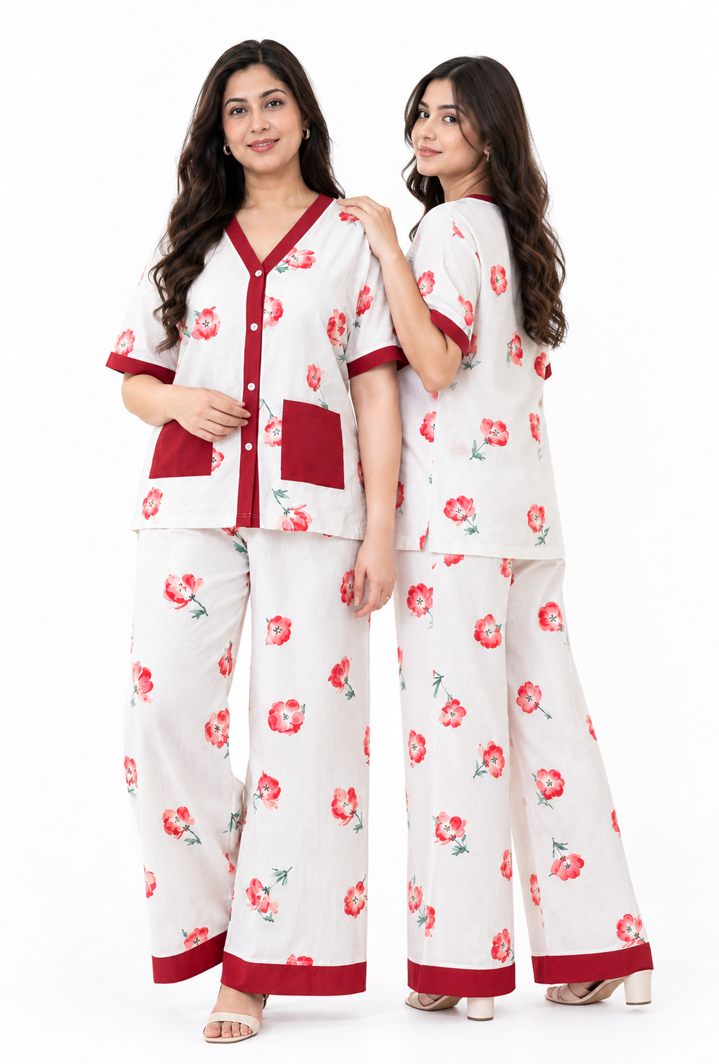 Women's Crimson Blossom Pajama Set Comfortable & Classic 🌸❤️ (CNS-080)