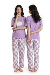 Women's Smiley Cloud Checker Heart PJs Set ☁️💜 (CNS-039)
