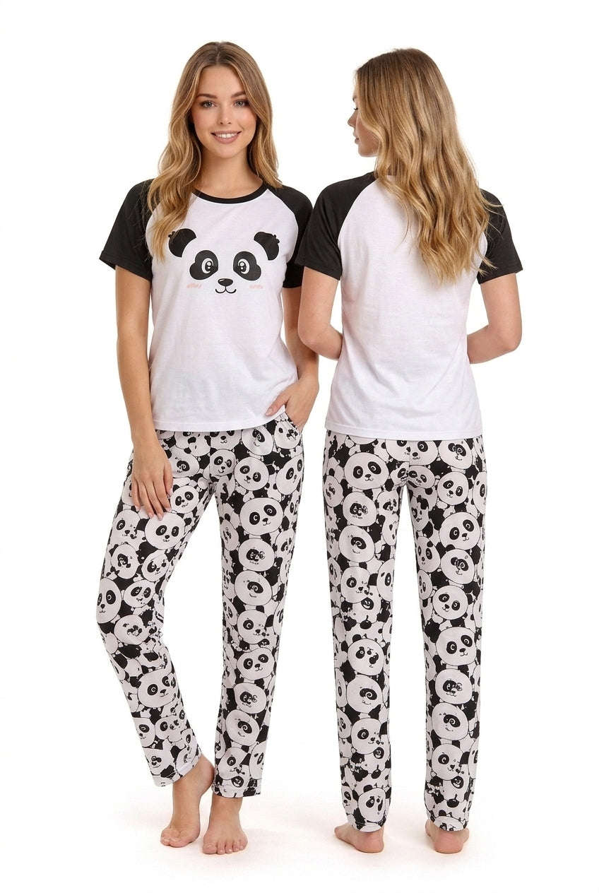 Women's White & Black Panda Printed Pyjama Set | Soft Cotton Nightwear 🐼 Chikoo