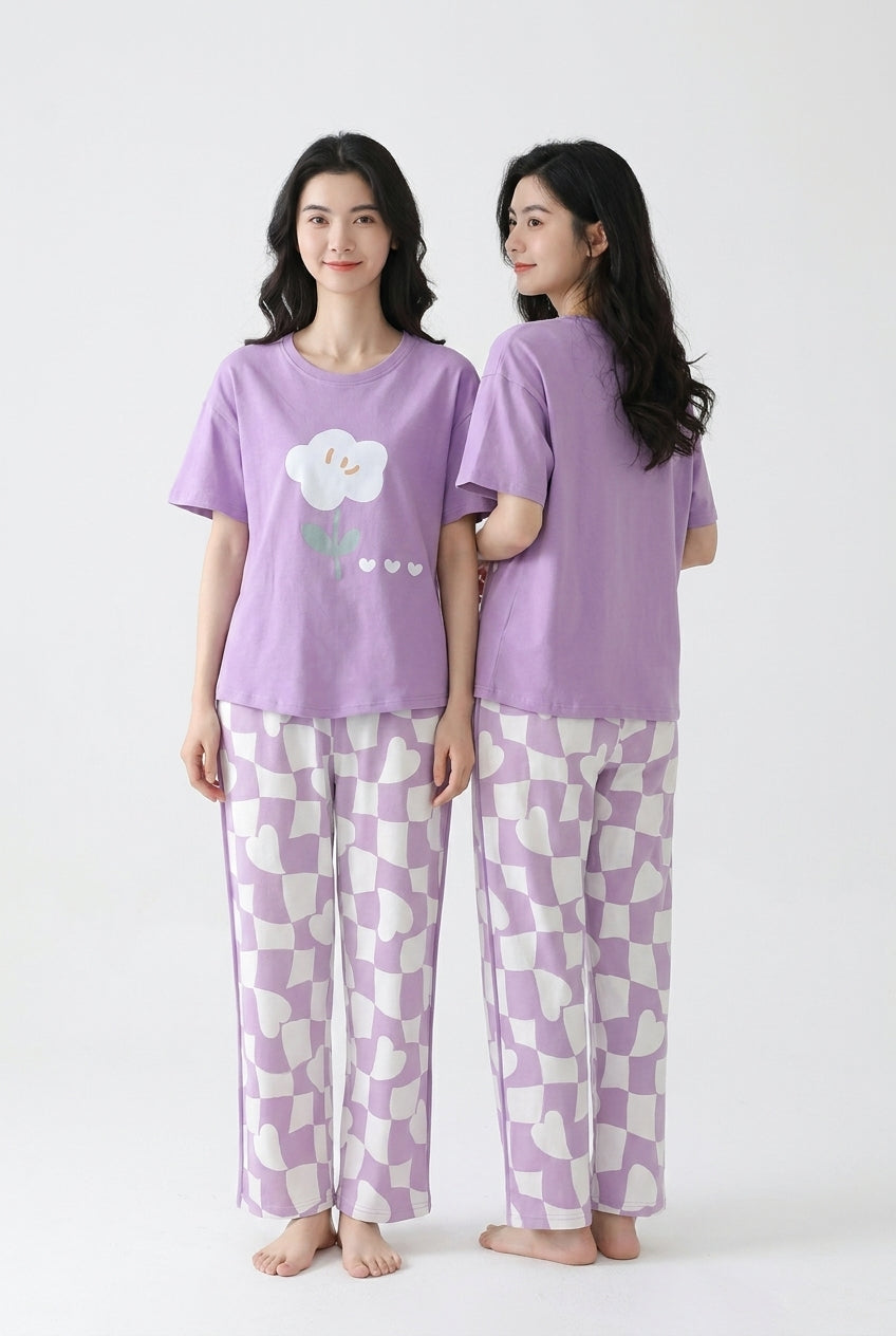 Women's Smiley Flower Checker Heart PJs Set 🌸💜