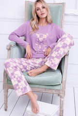 Women's Give Heart Forever Bear Long Sleeve Pajama Set 💜🎀 (CNS-011)