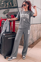 Women's Boston Minimal Logo Relaxed Pajama Set 🏙️✨ (CNS-013)