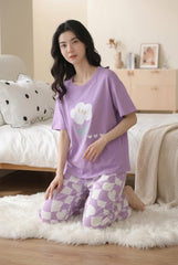 Women's Smiley Cloud Checker Heart PJs Set ☁️💜 (CNS-039)