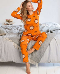 Women's Orange Lion Printed Full Sleeve Pyjama Set | Soft Cotton Nightwear 🦁 Chikoo