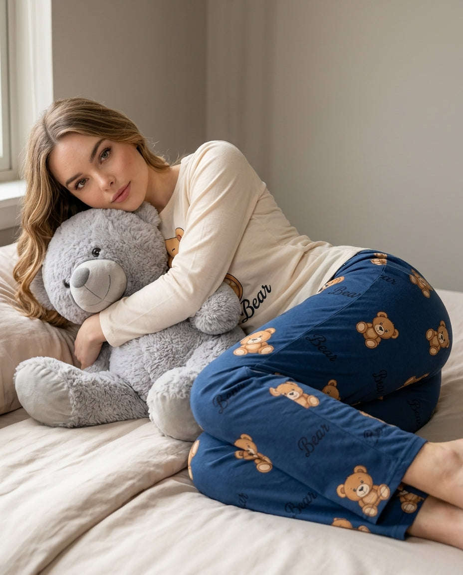 Women's Cream Little Bear Printed Full Sleeve Pyjama Set | Soft Cotton Nightwear 🧸 Chikoo