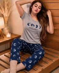 Women's Grey Moon Child Printed Pyjama Set | Soft Cotton Nightwear 🌕 Chikoo