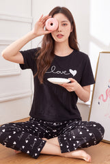 Women's Love Heart Minimalist Black Pajama Set 🖤✨ (CNS-019)