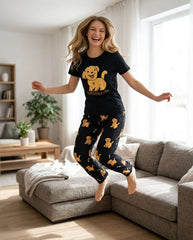 Women's Black Cute Puppy Printed Pyjama Set | Soft Cotton Nightwear 🐶 Chikoo