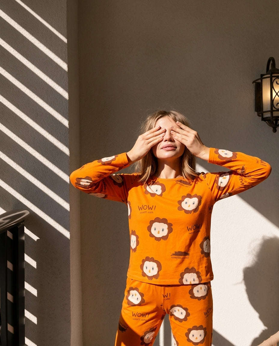 Women's Orange Lion Printed Full Sleeve Pyjama Set | Soft Cotton Nightwear 🦁 Chikoo