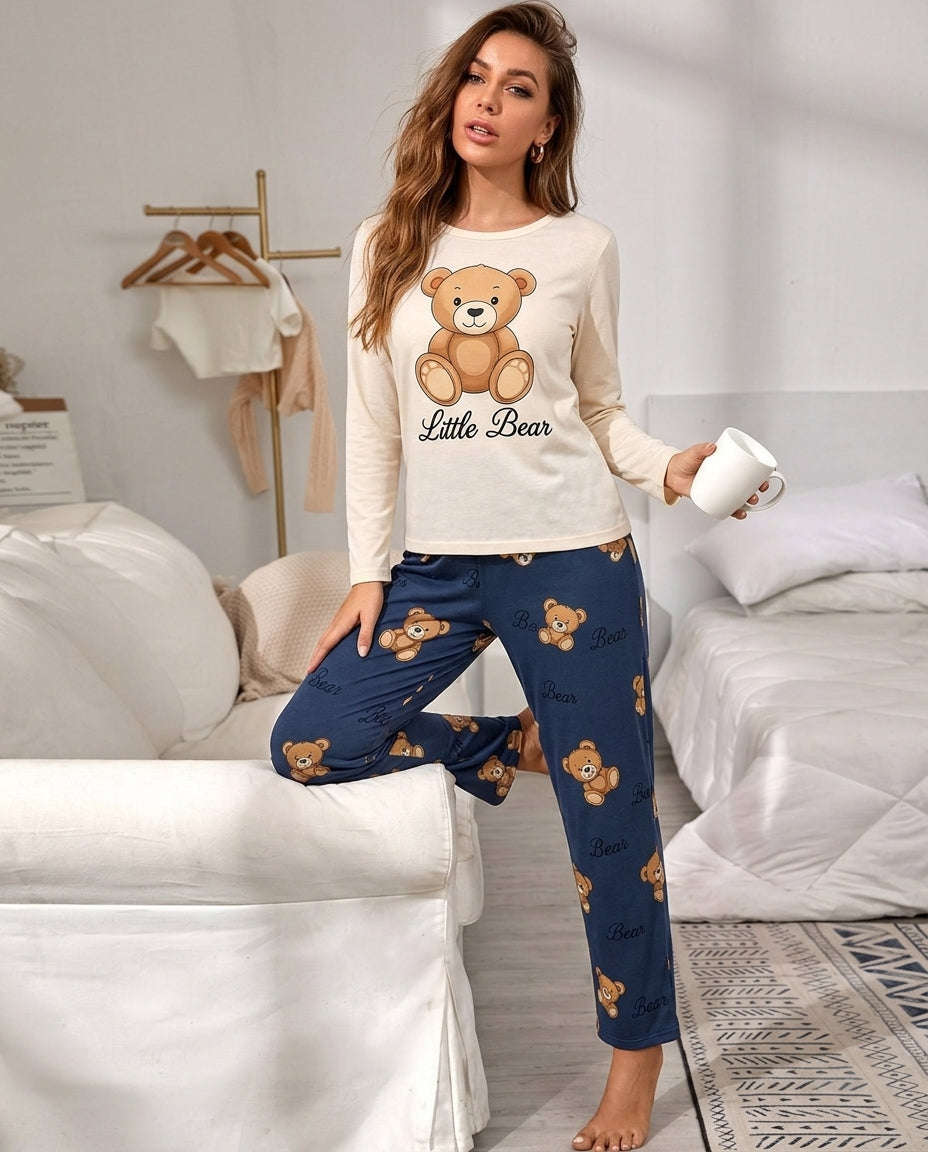 Women's Cream Little Bear Printed Full Sleeve Pyjama Set | Soft Cotton Nightwear 🧸 Chikoo