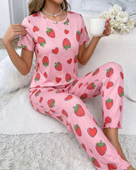 Women's Pink Strawberry & Hearts Printed Pyjama Set | Soft Cotton Nightwear 🍓❤️ Chikoo