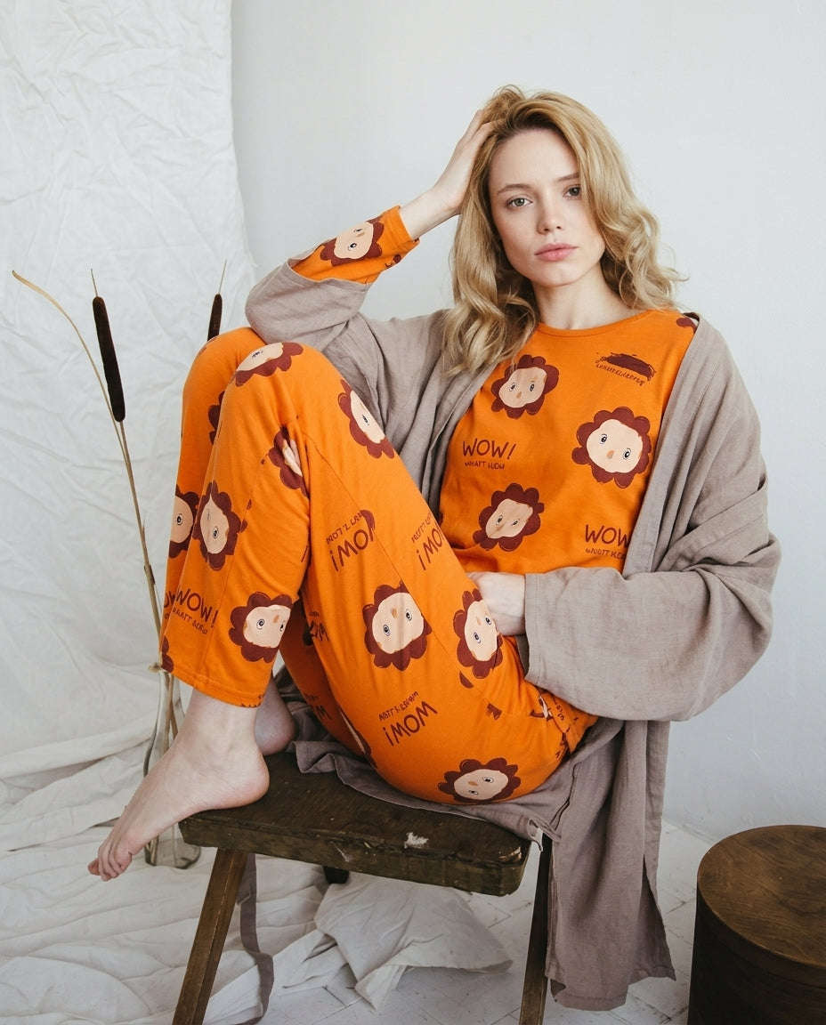 Women's Orange Lion Printed Full Sleeve Pyjama Set | Soft Cotton Nightwear 🦁 Chikoo