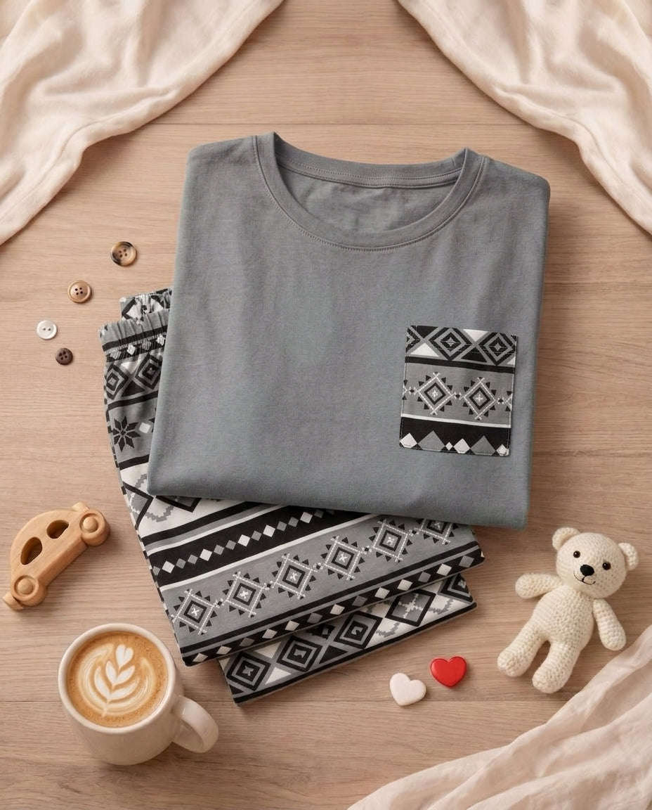 Women's Grey Aztec Printed Pyjama Set | Soft Cotton Nightwear 🌙 Chikoo
