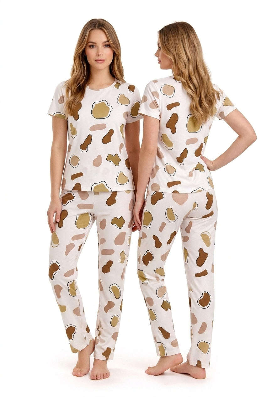 Women's Cream Abstract Cow Print Pyjama Set | Soft Cotton Nightwear 🐄 Chikoo