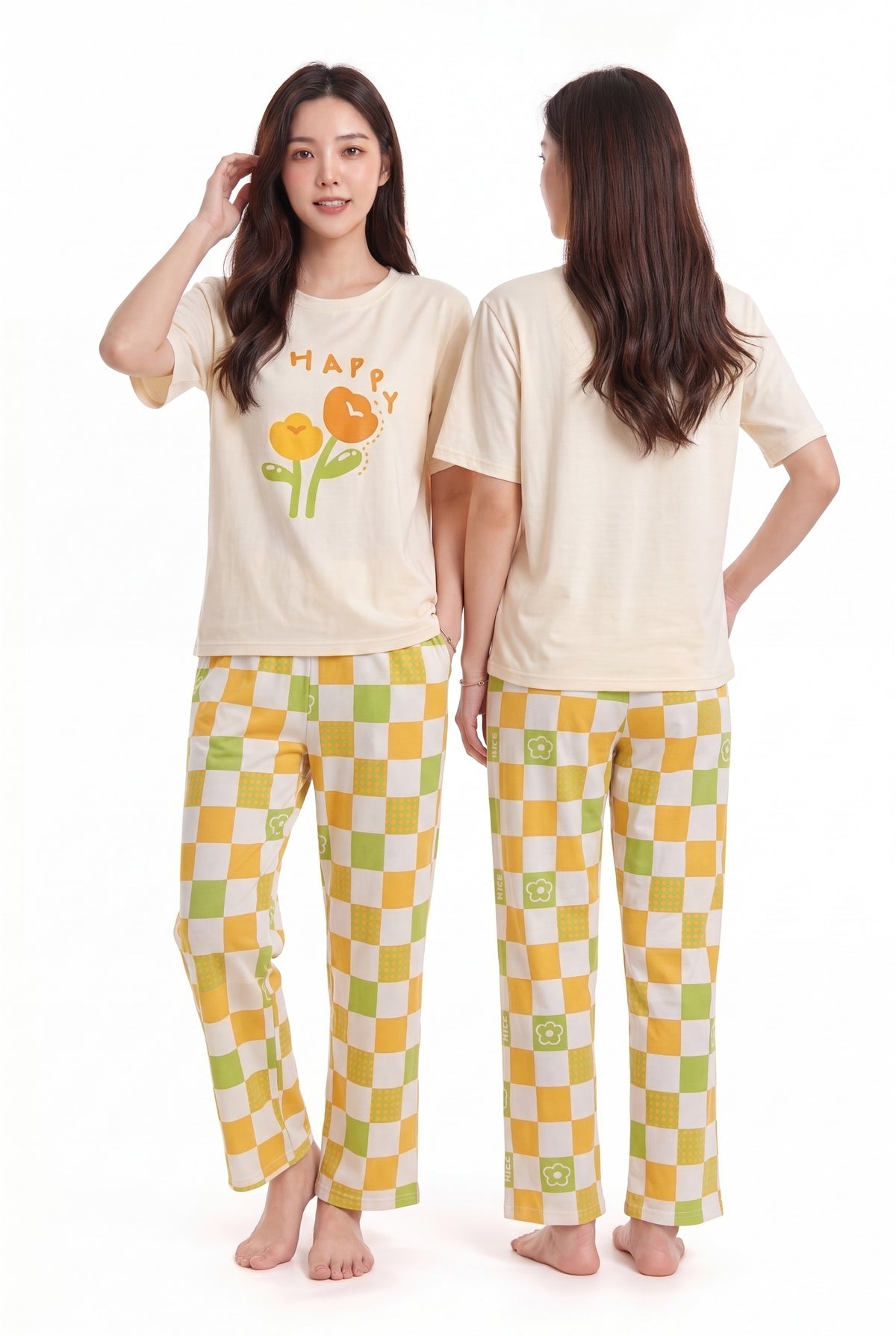 Women's Happy Vibes Checkered Comfort Pajama Set 🌼💛 (CNS-003)